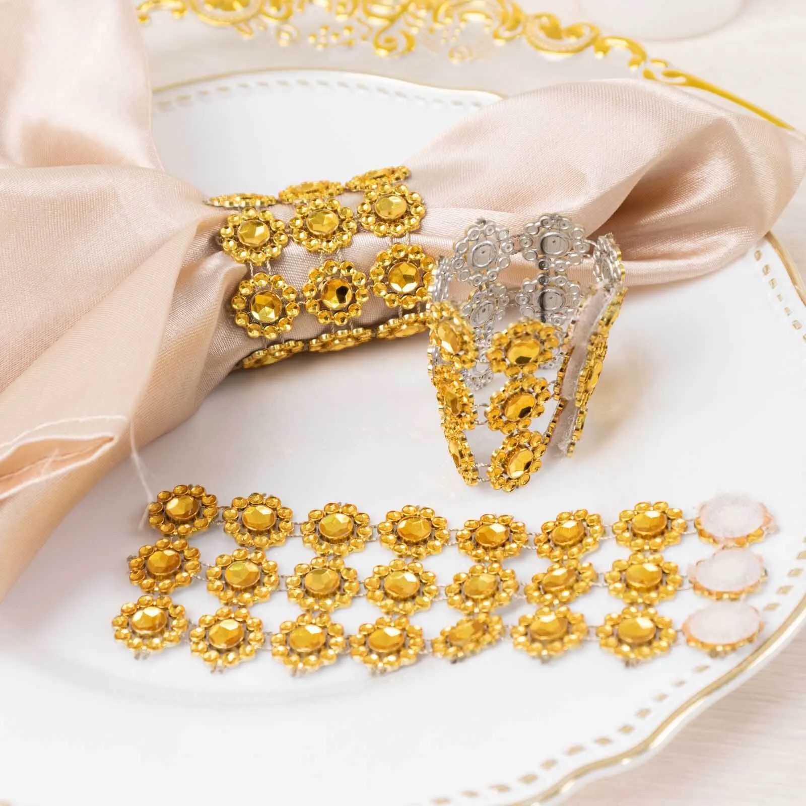 10 Pack Gold Sunflower Diamond Rhinestones Napkin Rings With Velcro, Elegant Wedding Napkin Holders