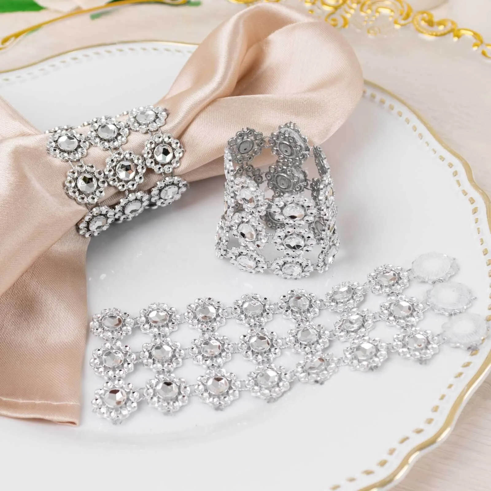 10 Pack Silver Sunflower Diamond Rhinestones Napkin Rings With Velcro, Elegant Wedding Napkin Holders