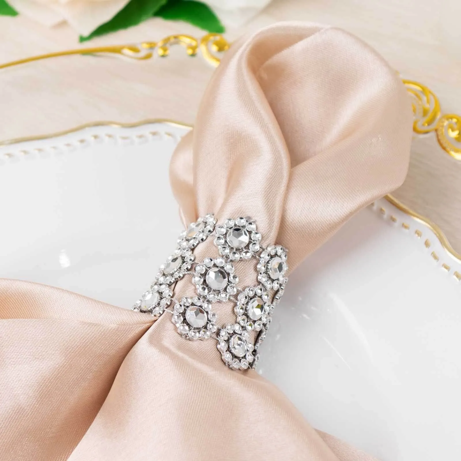 10 Pack Silver Sunflower Diamond Rhinestones Napkin Rings With Velcro, Elegant Wedding Napkin Holders