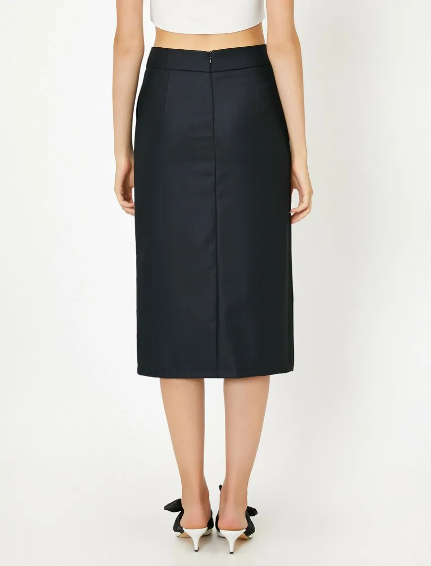 11887 Navy Slit Detailed Midi Skirt