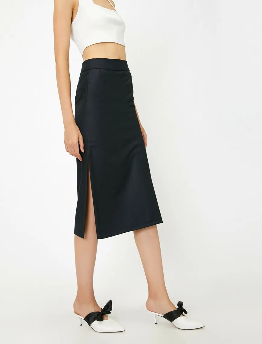 11887 Navy Slit Detailed Midi Skirt