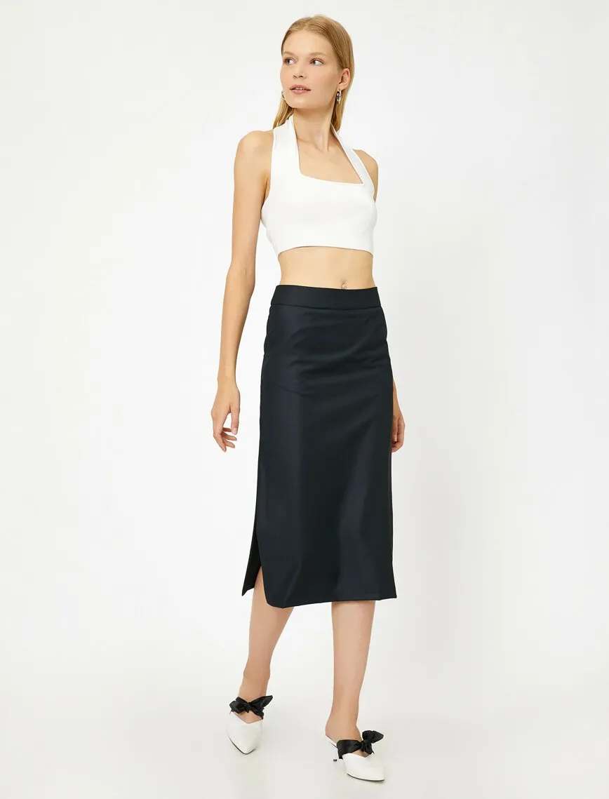 11887 Navy Slit Detailed Midi Skirt