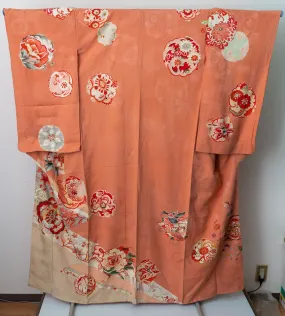 1960s Silk Small Furisode - Traditional Hand-Painted Flowers on a Pinkish-Orangish