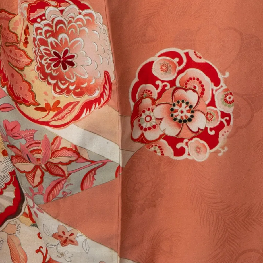 1960s Silk Small Furisode - Traditional Hand-Painted Flowers on a Pinkish-Orangish