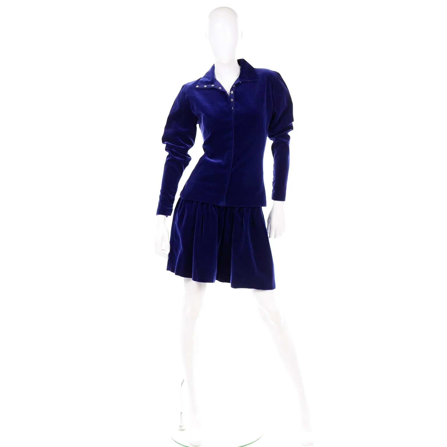 1980s Norma Kamali Blue Velvet Snap Top & Evening Skirt