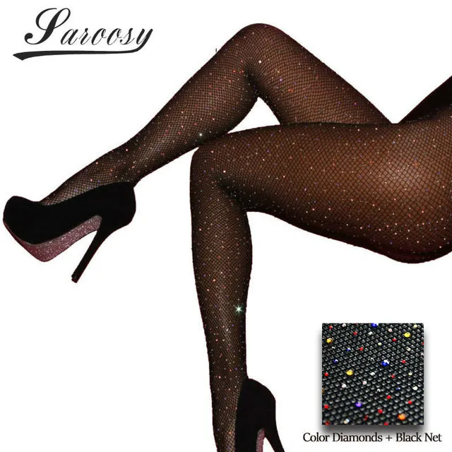 2017 HOT NEW Shine Crystal Fishnet Tights  Pantyhose Stockings for Women Multi Color Diamonds Fish Net Tights Plus Size