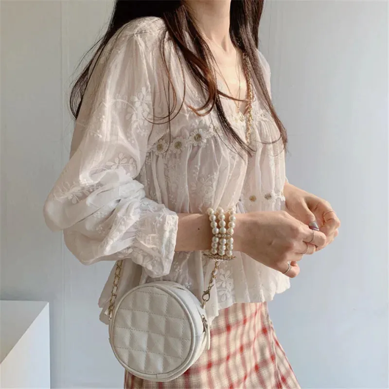 2024 New Summer Lace Women Blouse Floral Shirt V-neck Elegant Flare Sleeve Ladies Tops Spring Sweet White Blusas 13037