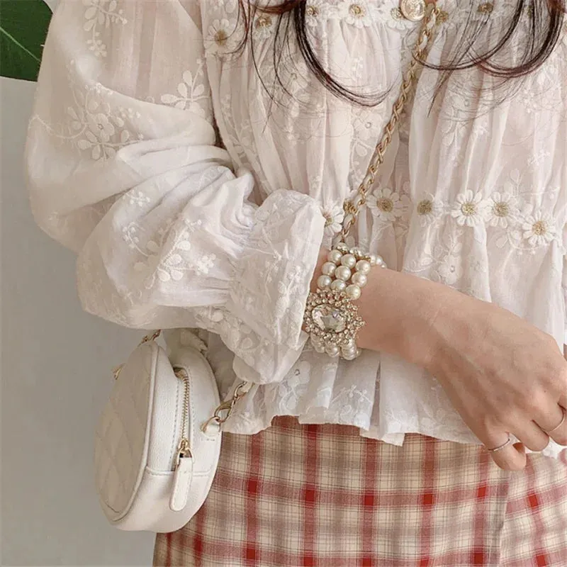 2024 New Summer Lace Women Blouse Floral Shirt V-neck Elegant Flare Sleeve Ladies Tops Spring Sweet White Blusas 13037