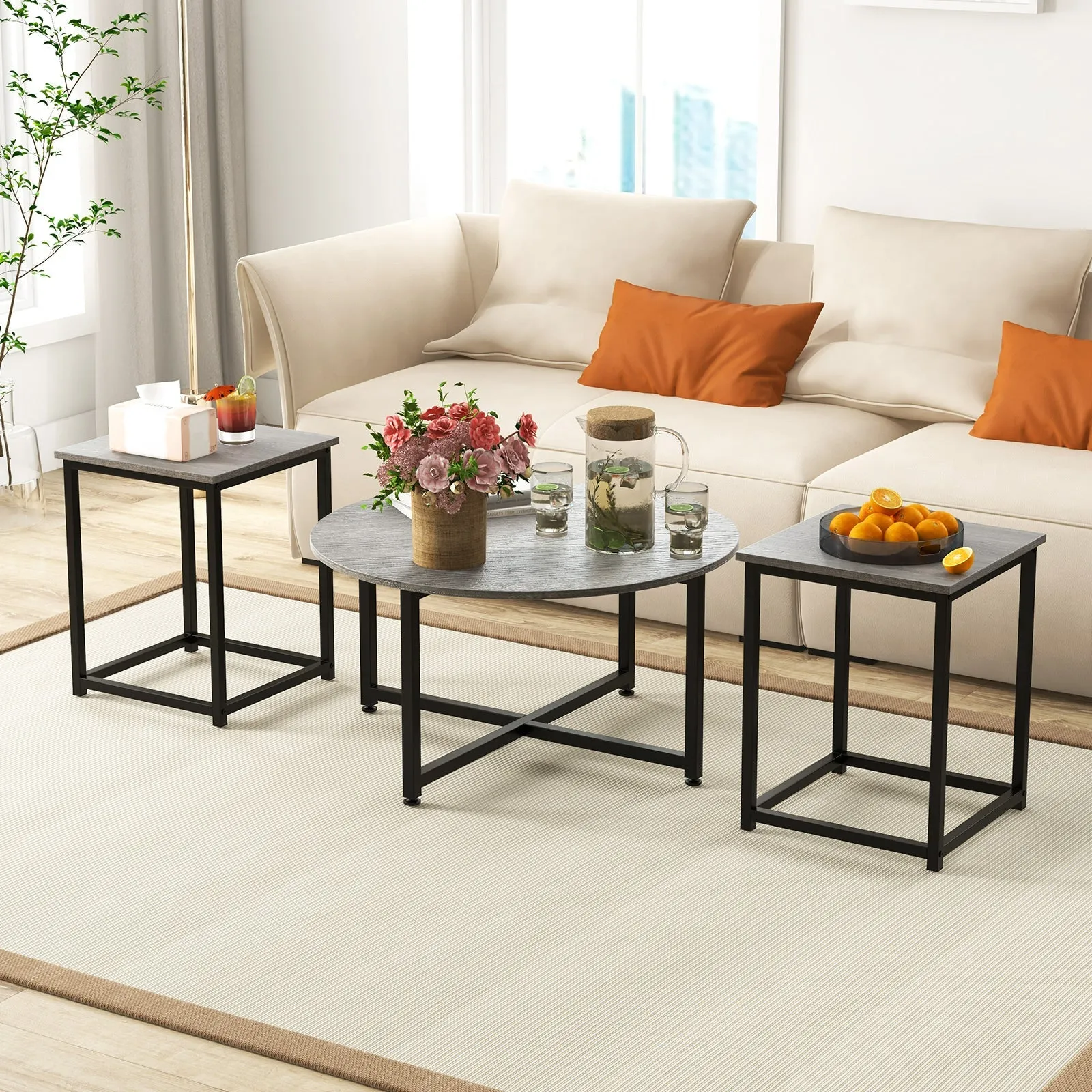 3-Piece Coffee Table Set with Heavy-duty Metal Frame-Grey