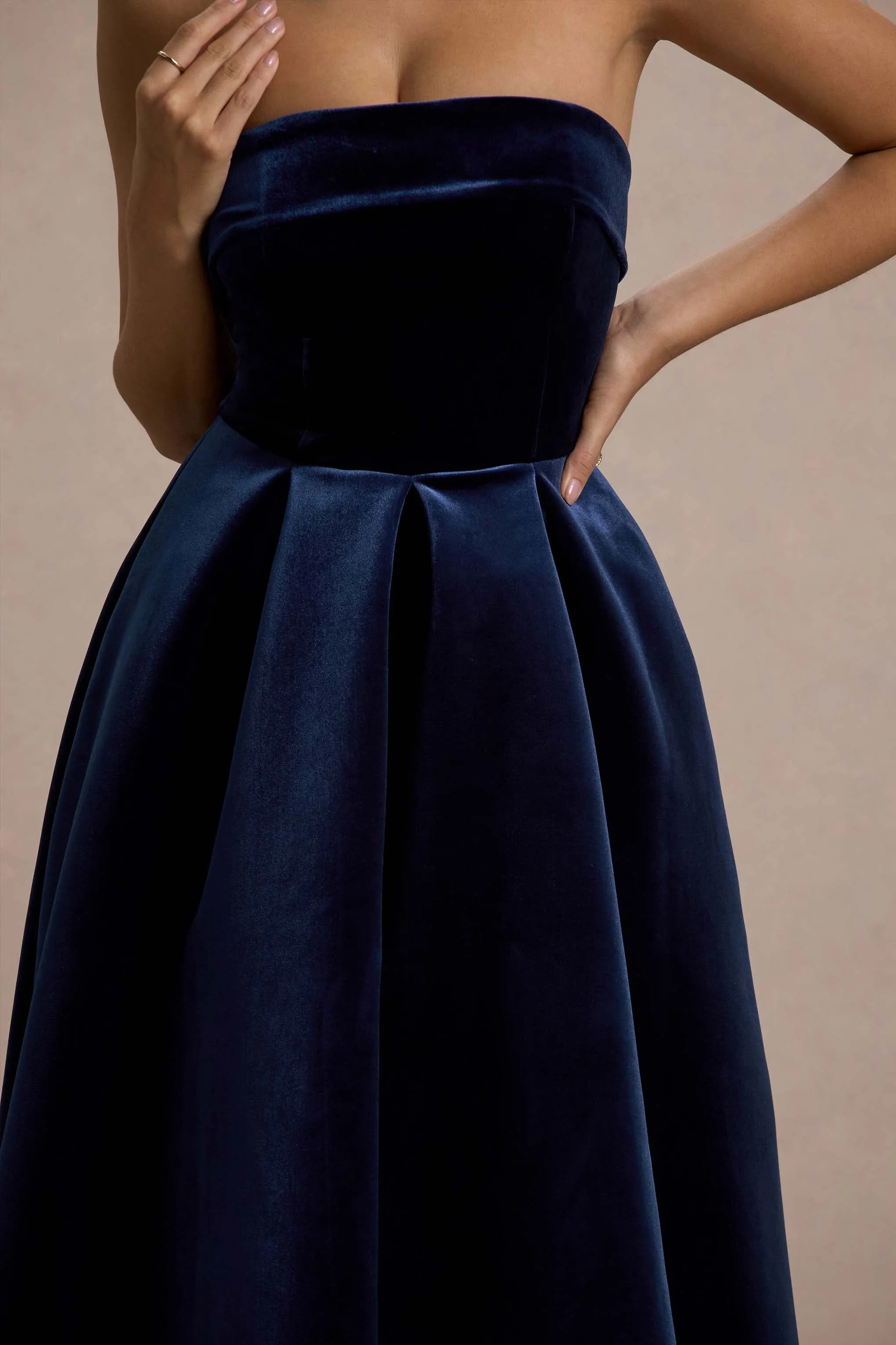 Addina | Navy Velvet Bandeau Skater Midi Dress