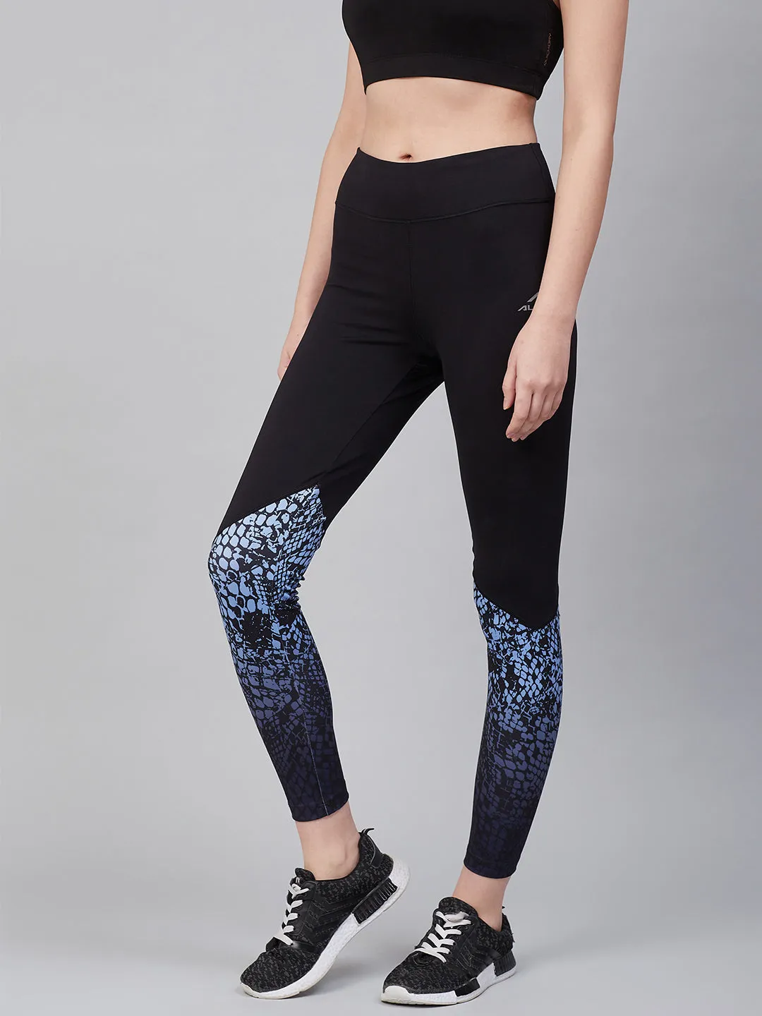 Alcis Women Black Blue Printed Training Tights