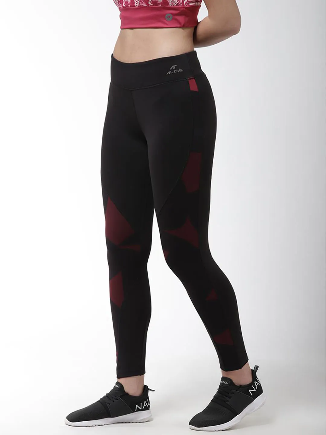 Alcis Women Black Maroon Printed Training Tights