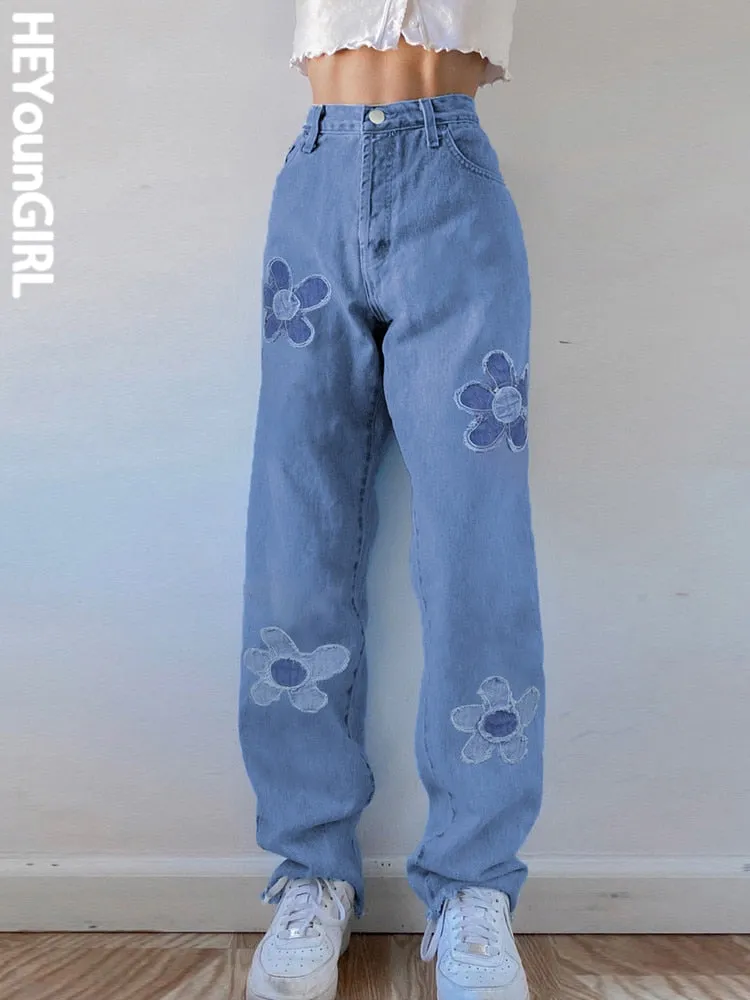 Amozae-- Floral Patchwork Casual Vintage Jeans Women High Waist Denim Pants Capris Fashion Elegant Trousers Ladies Summer 2024