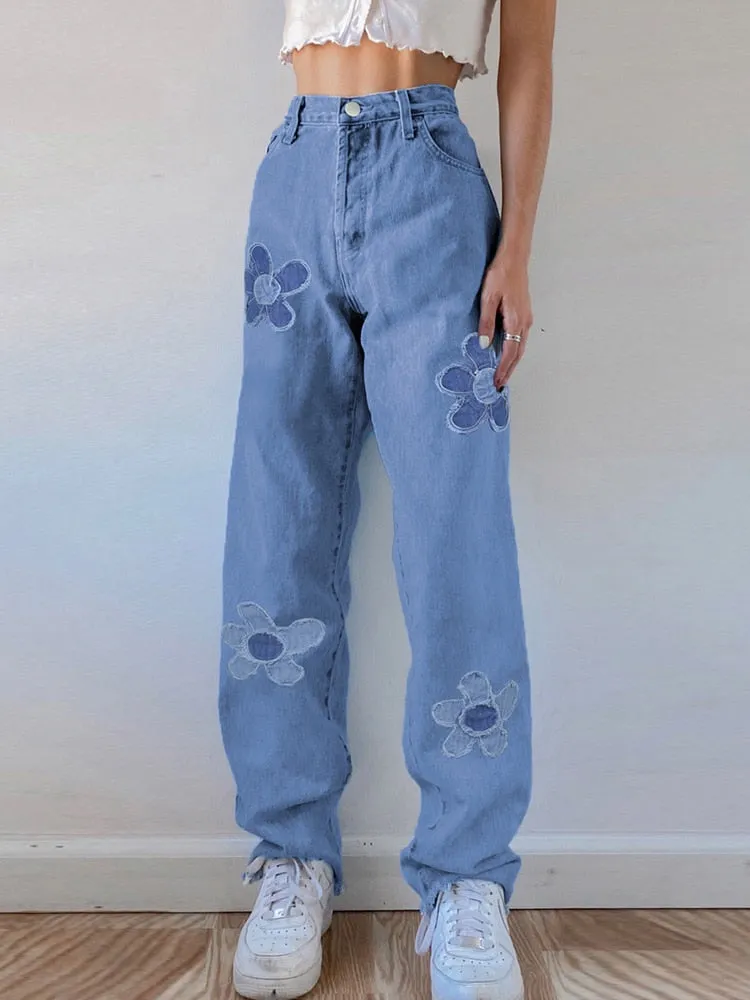 Amozae-- Floral Patchwork Casual Vintage Jeans Women High Waist Denim Pants Capris Fashion Elegant Trousers Ladies Summer 2024