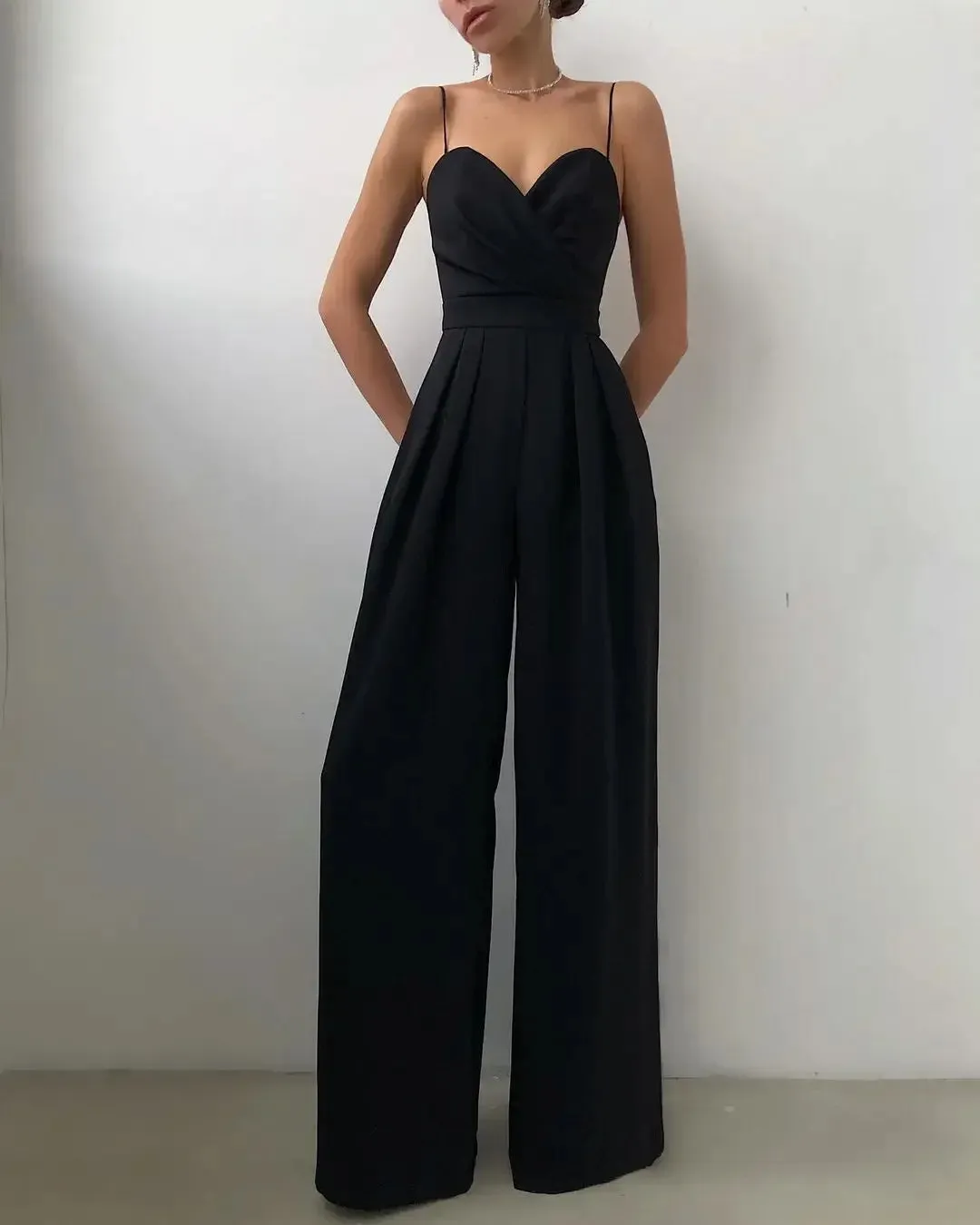 Amozae--Spring Chiffon Sexy Joker Solid Elegant Spaghetti Strap European and American Women's High Waist Wide Leg Jumpsuits