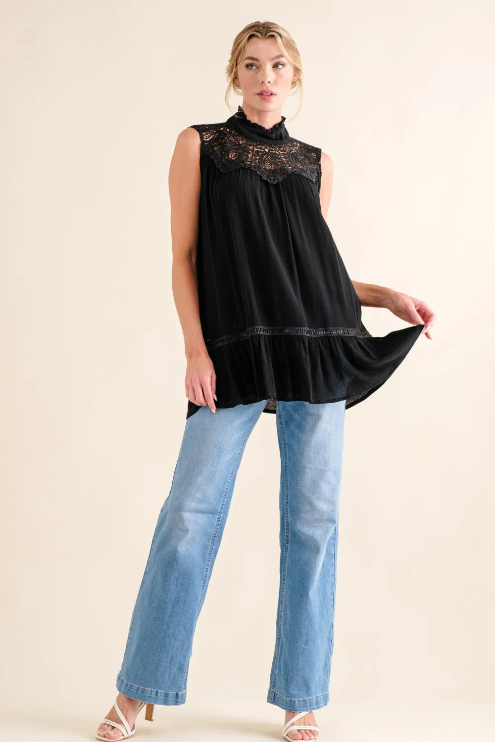 And The Why Lace Detail Sleeveless Ruffled Top