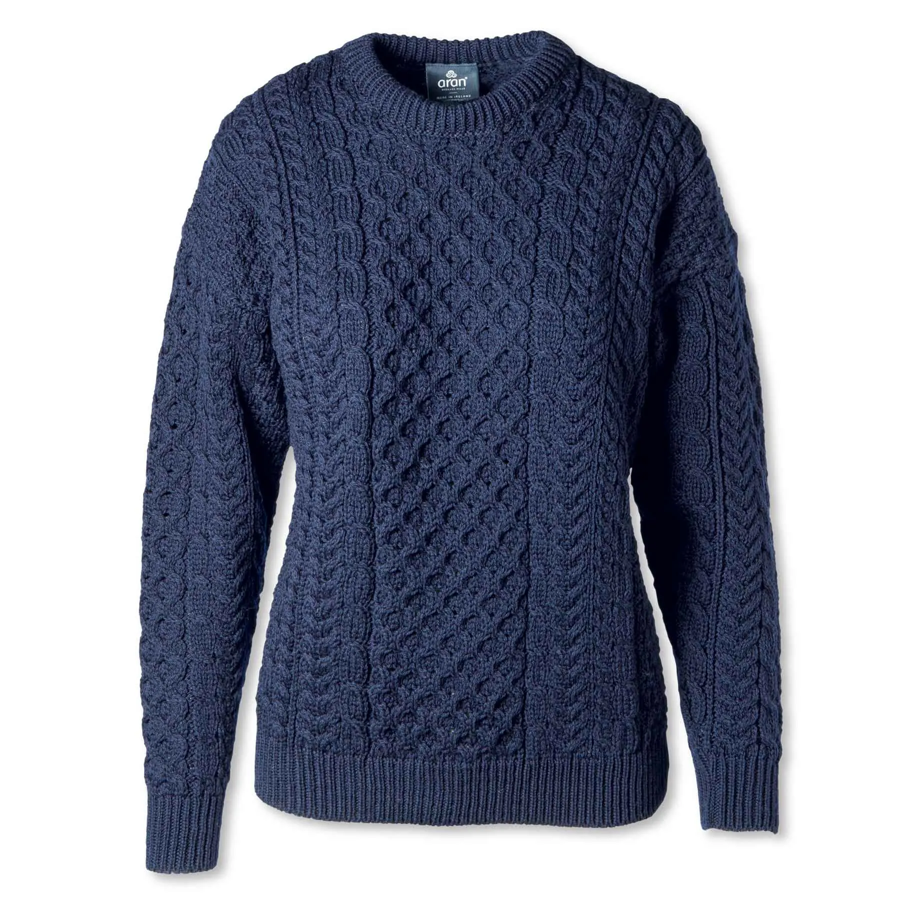 Aran Knit Crewneck Sweater- Navy