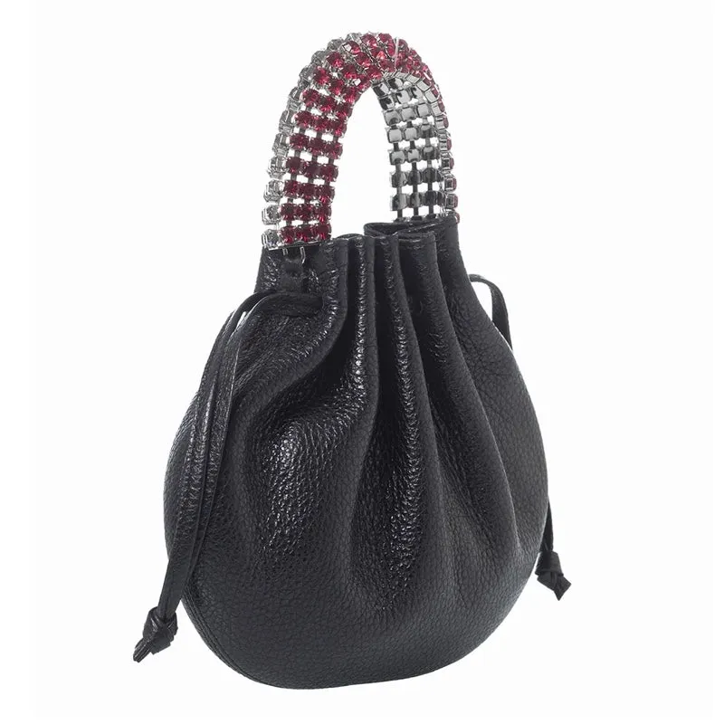 AYLA BAG - BLACK CALF LEATHER - GARNET RED & BLACK STONES - GUNMETAL HARDWARE