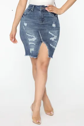 Be Calm Don't Distress Denim Midi Skirt - Medium Blue Wash