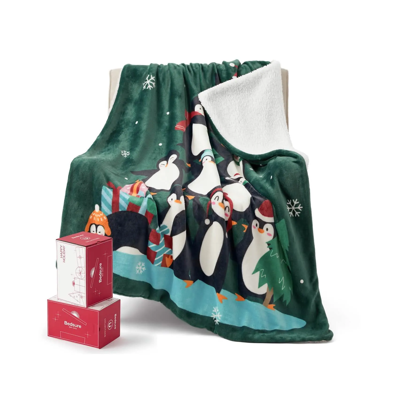 Bedsure Christmas Penguin Green Sherpa Throw Blanket