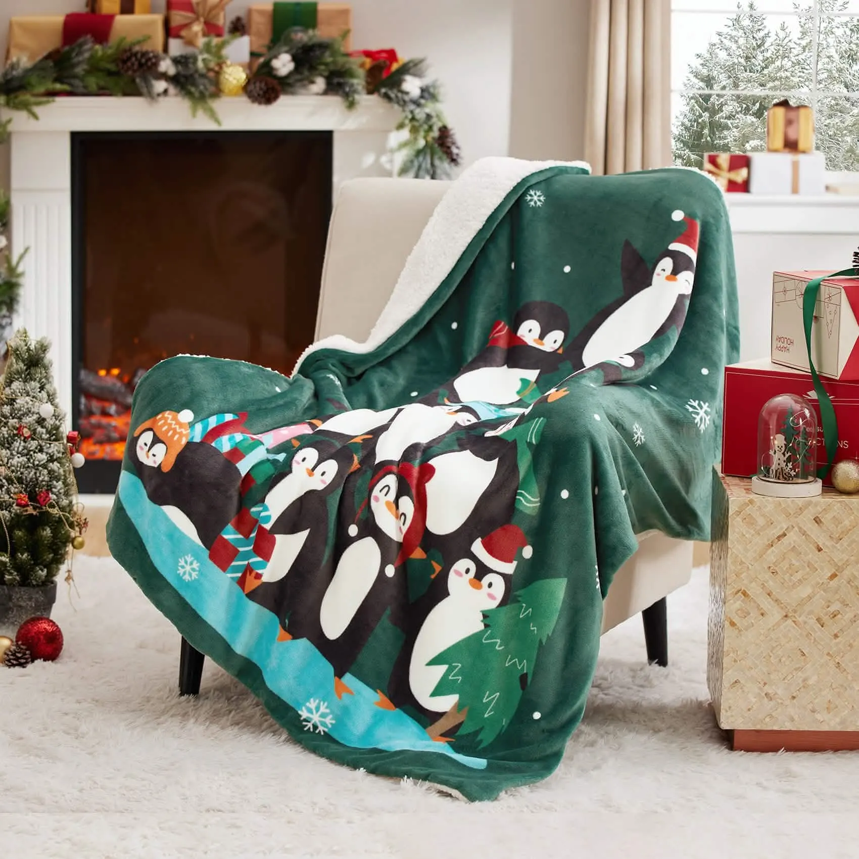 Bedsure Christmas Penguin Green Sherpa Throw Blanket