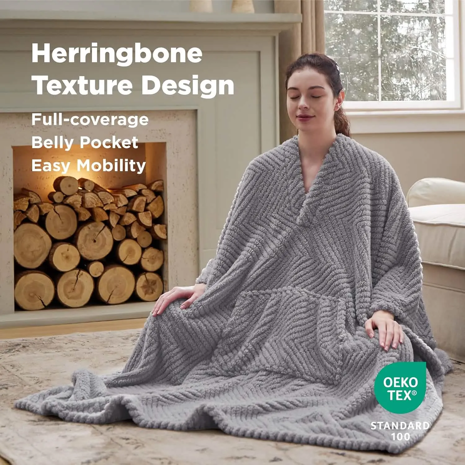 Bedsure Herringbone Sherpa Poncho Blanket