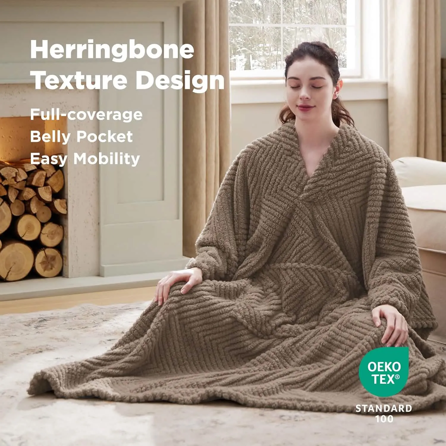 Bedsure Herringbone Sherpa Poncho Blanket