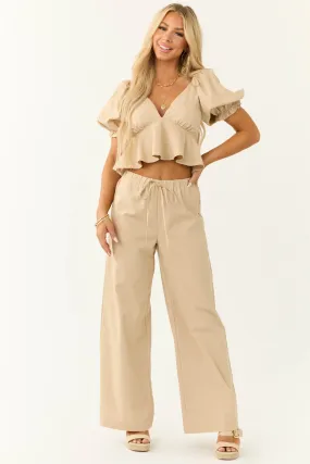 Beige Wide Leg High Waist Linen Pants