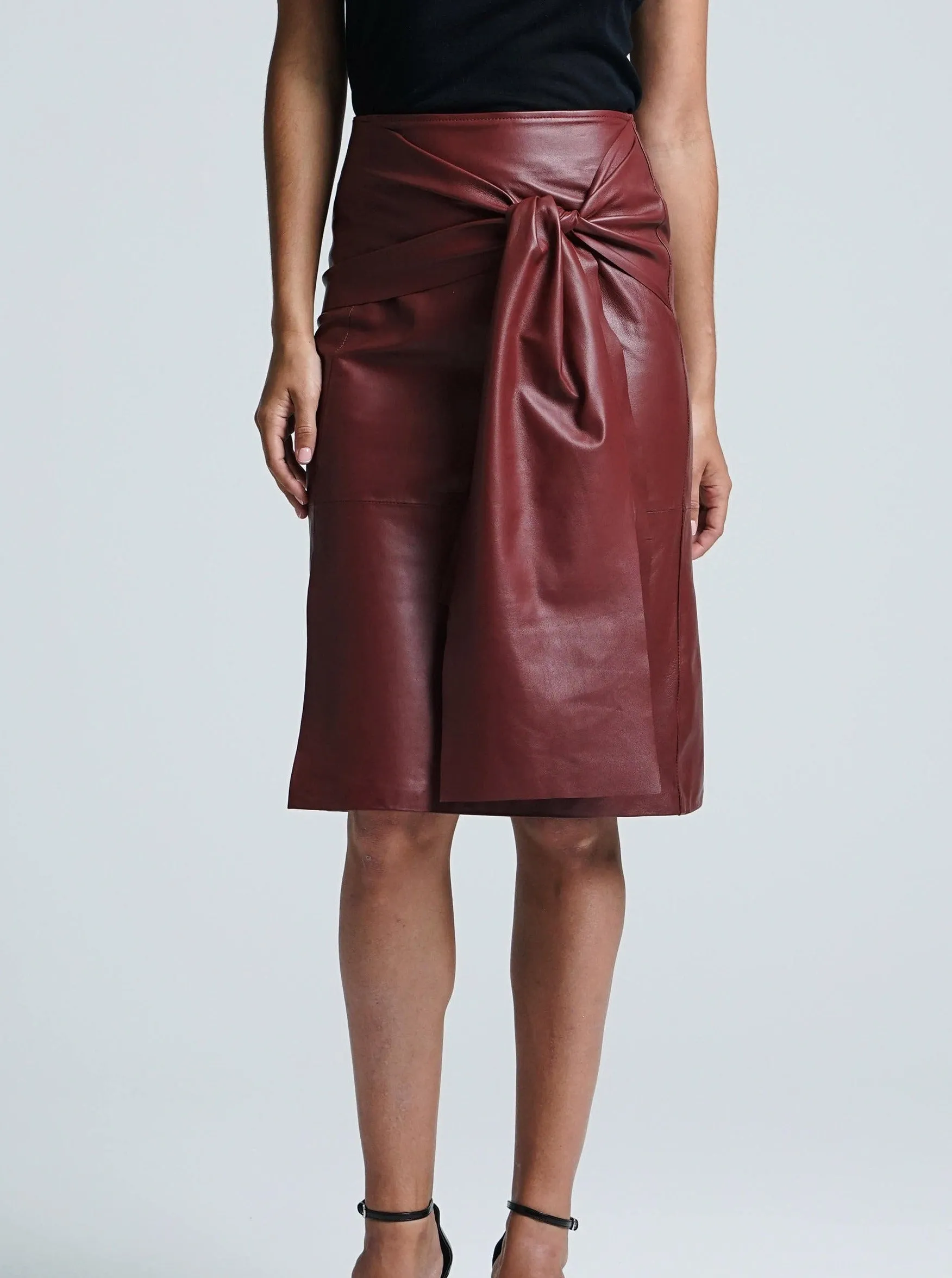 BELLA LEATHER MIDI SKIRT - MERLOT