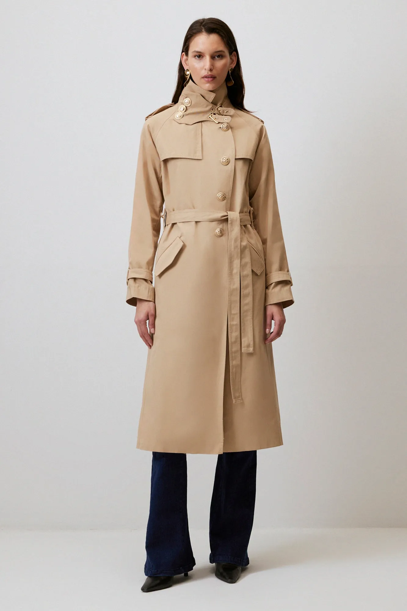 BELTED GOLD BUTTON DOUBLE BREASTED TRENCH COAT