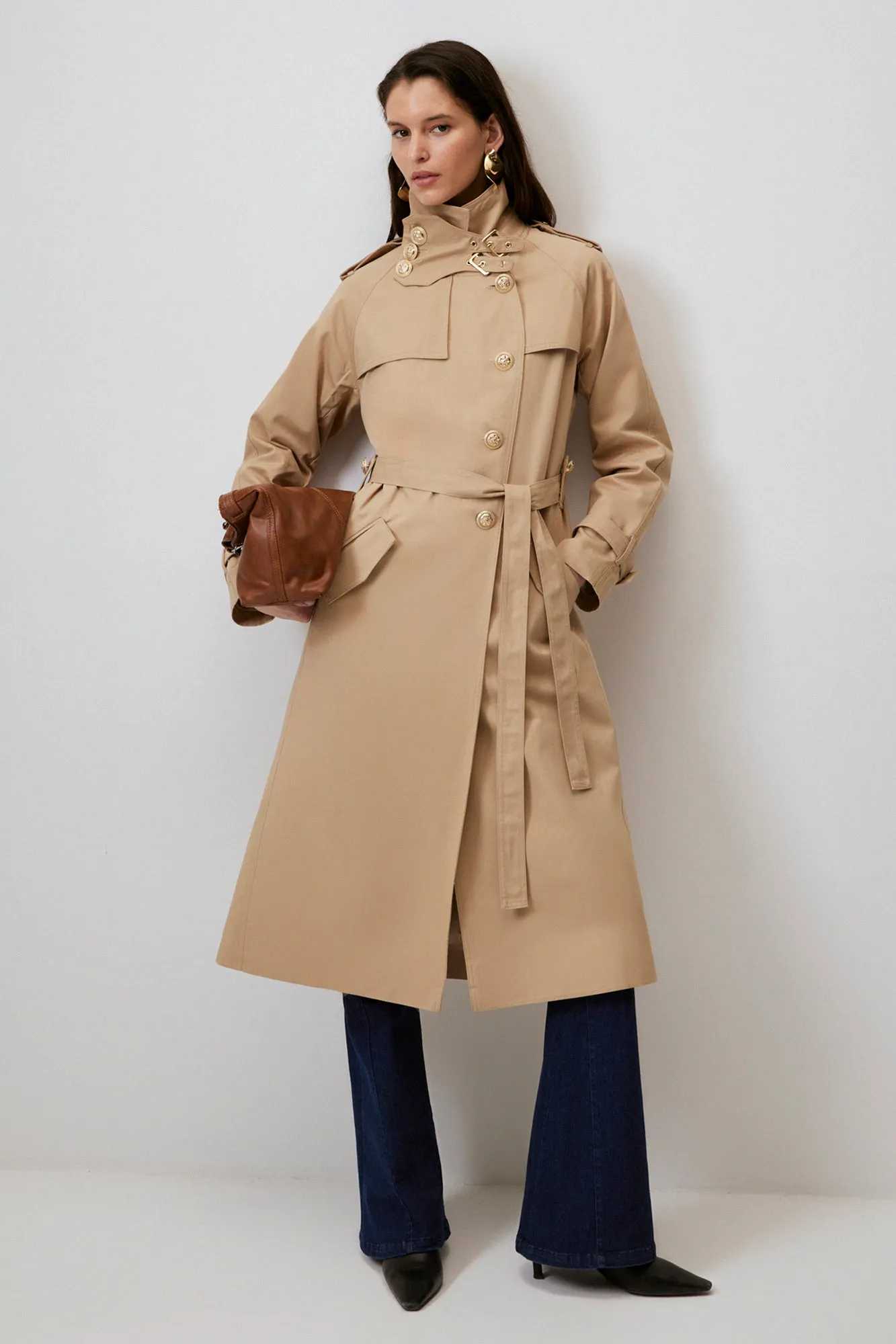 BELTED GOLD BUTTON DOUBLE BREASTED TRENCH COAT