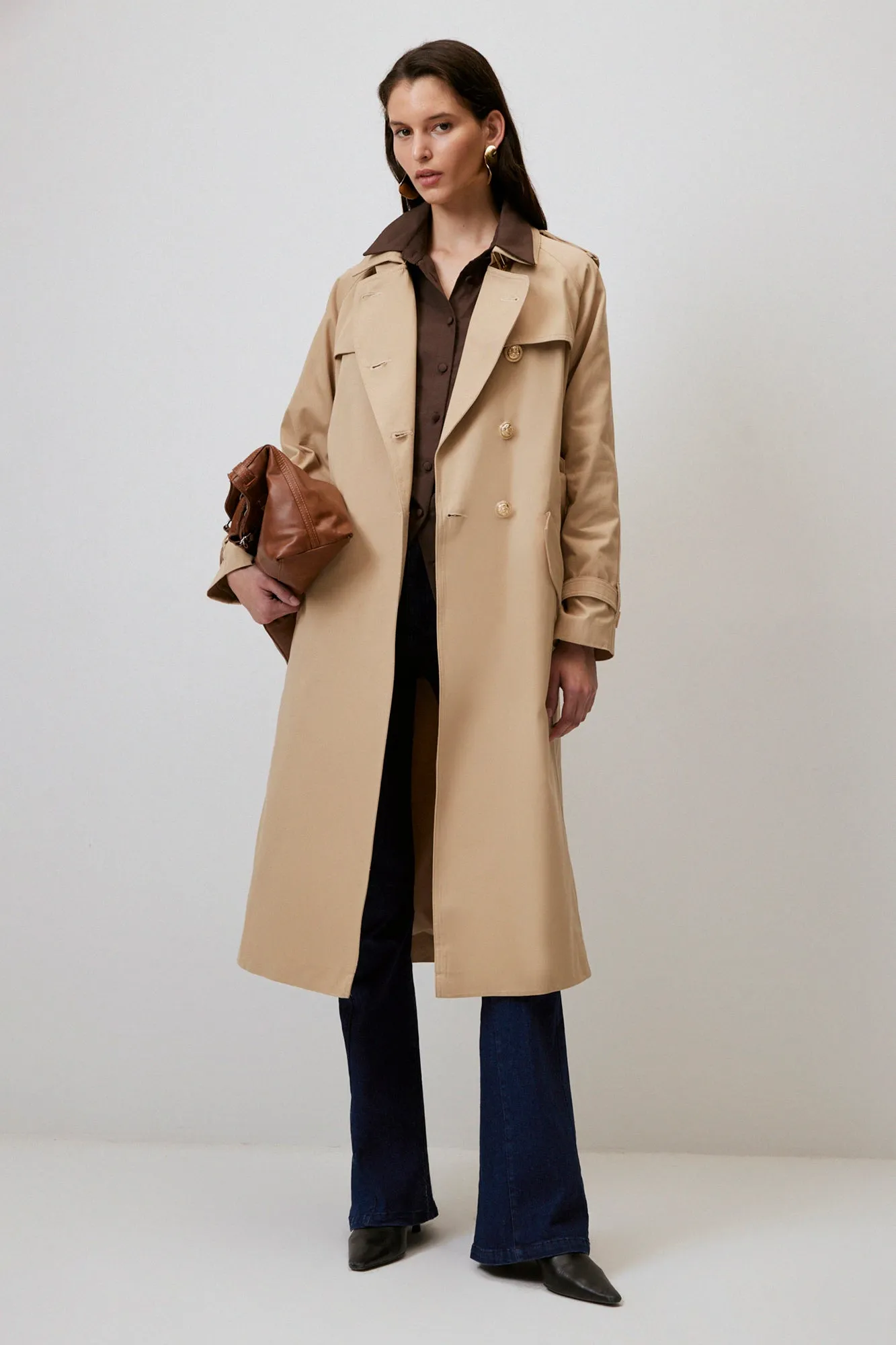 BELTED GOLD BUTTON DOUBLE BREASTED TRENCH COAT