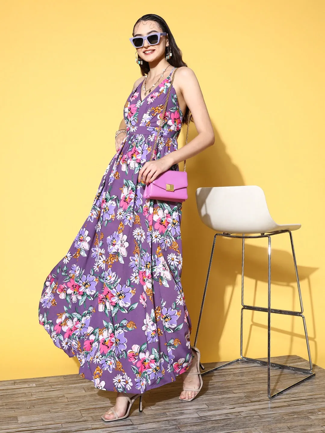 Berrylush Woman Purple & Pink Floral Printed V-Neck Crepe Pleated Fit & Flare Maxi Dress