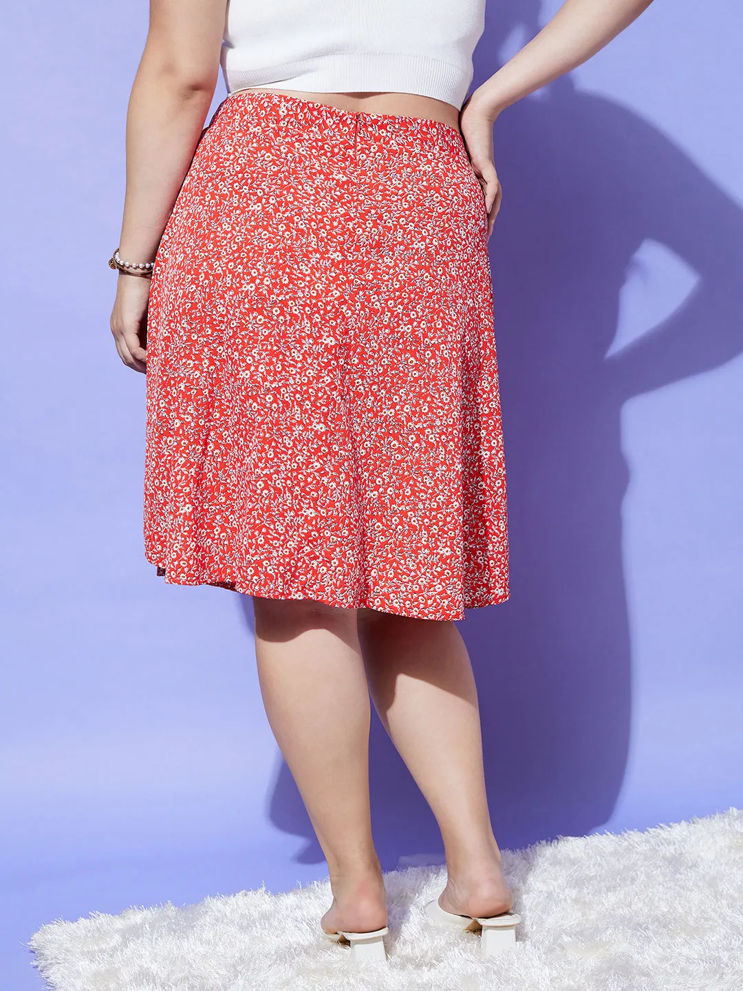 Berrylush Women Plus Size Red & White Floral Printed Thigh-High Slit Flared A-Line Midi Skirt