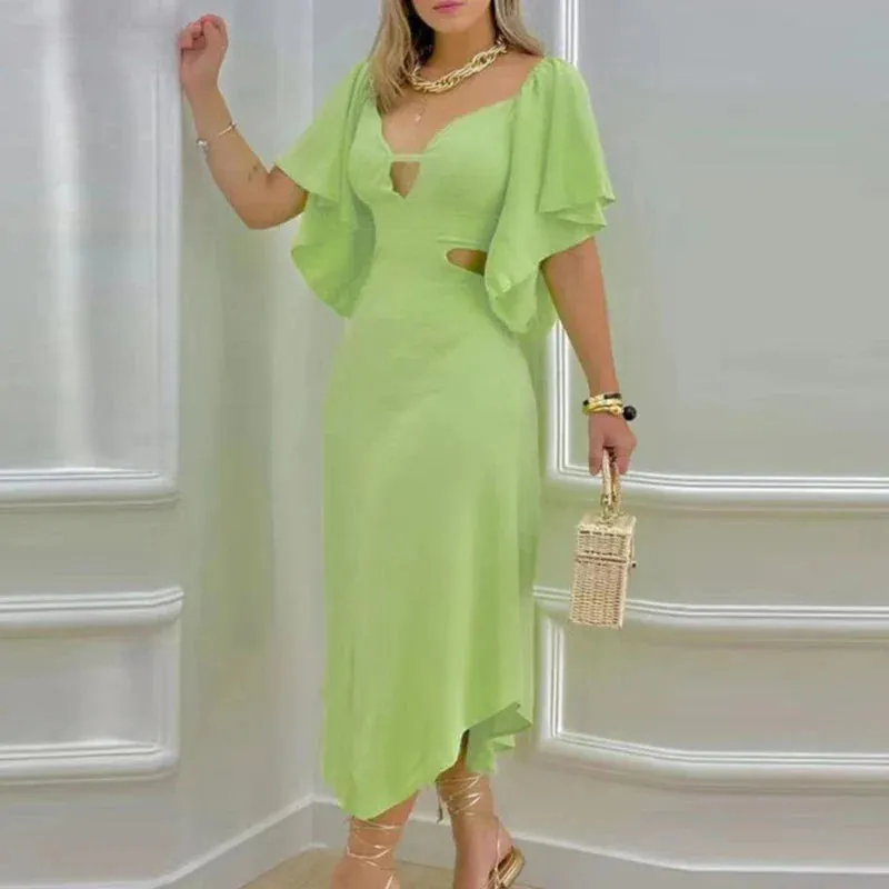 Big Backless V-neck Summer Beach Elegant Dress Chic Short Sleeve Hollow Party Elegant Women Dress