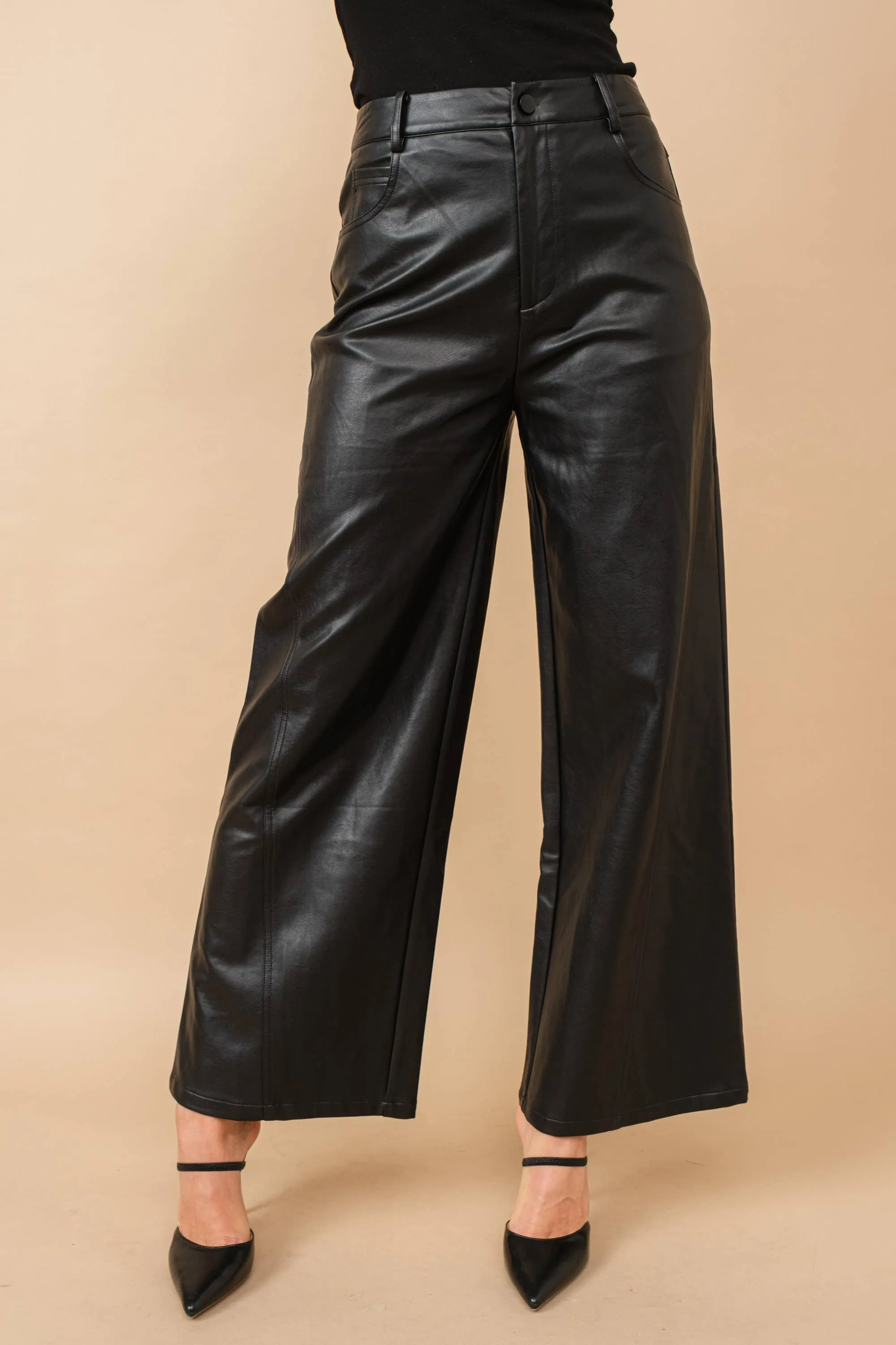 Black Patent Natural Wide Leg High Rise Leather Pants