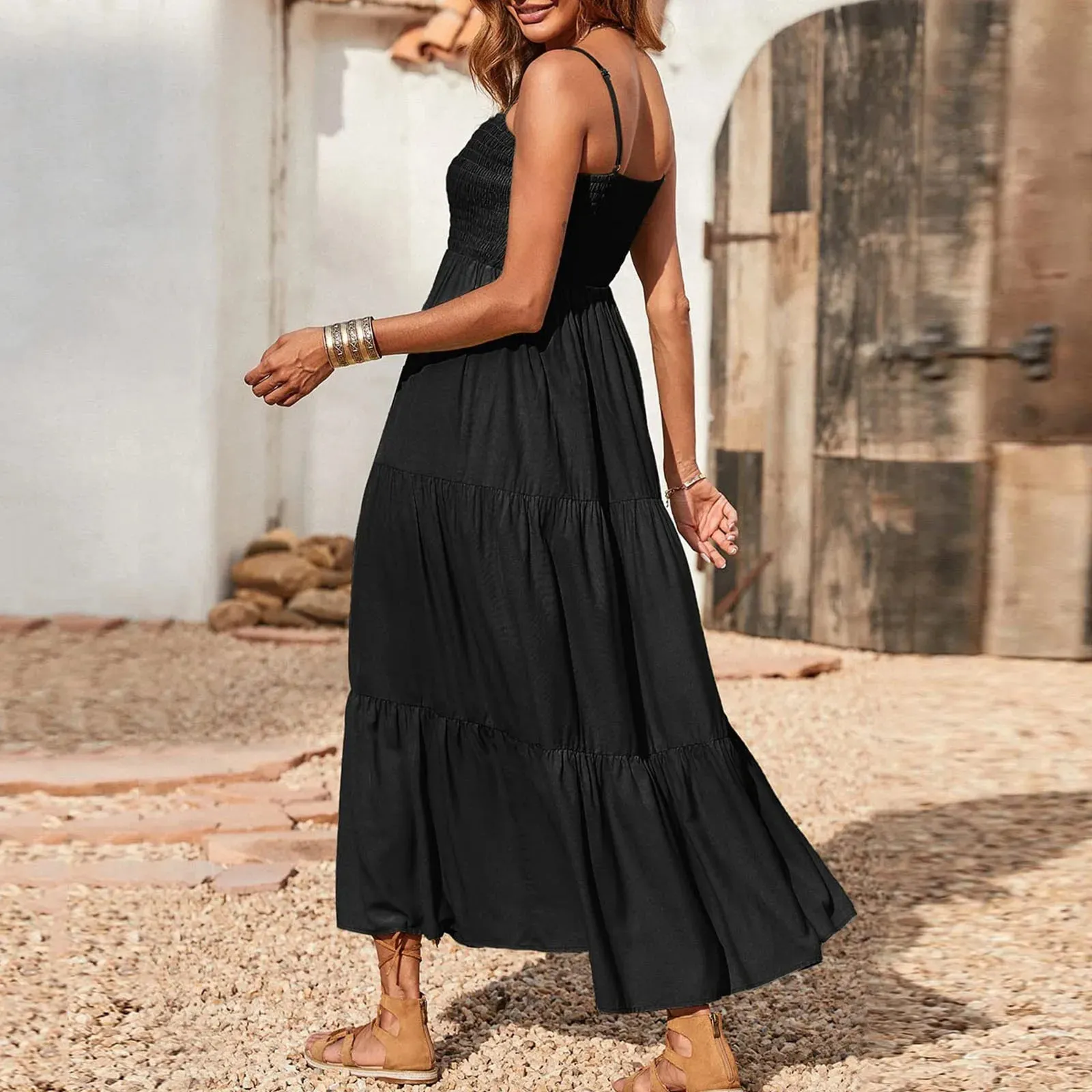 Black Spaghetti Long Boho Ruched High Waist Tiered 2024 Elegant Midi Summer Dress