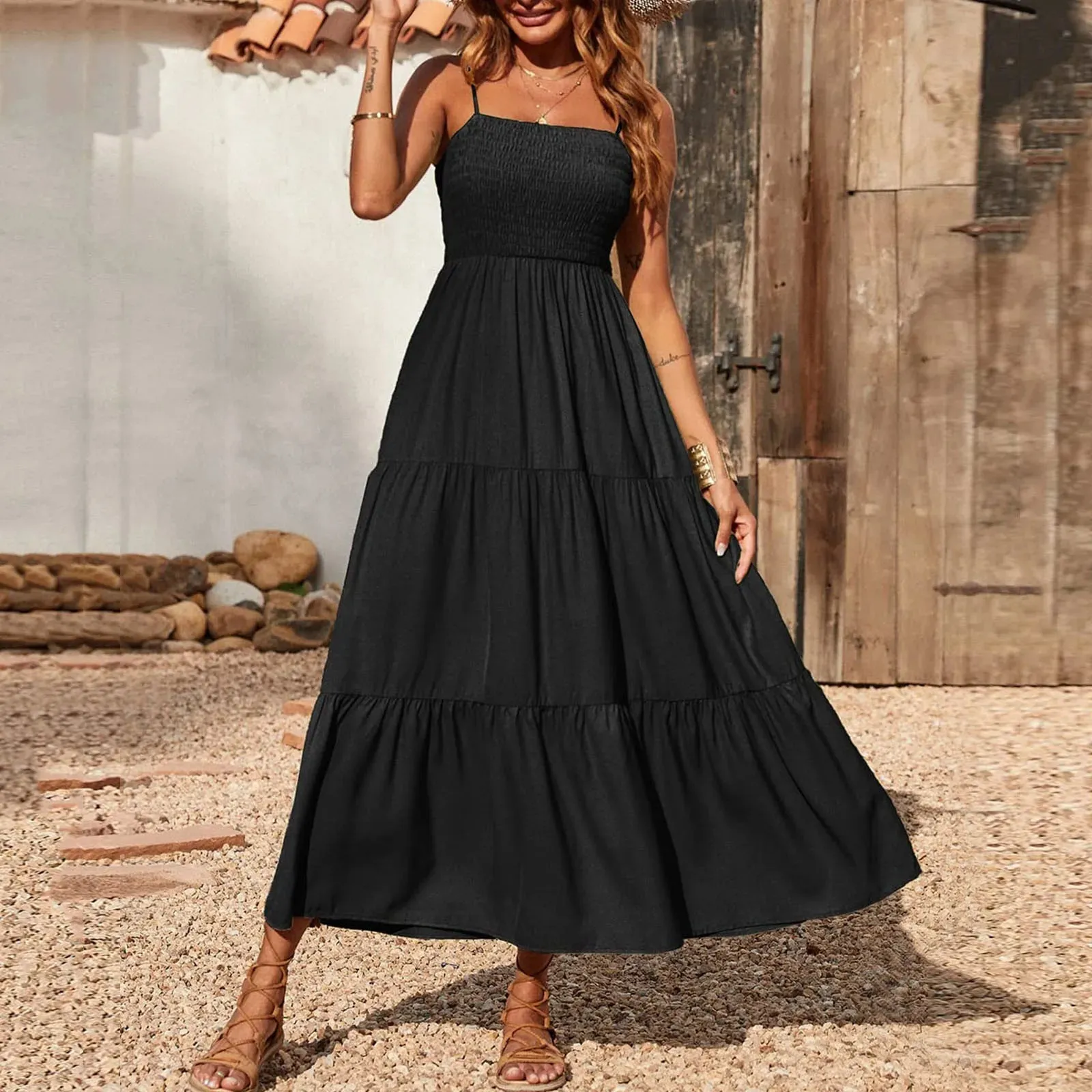 Black Spaghetti Long Boho Ruched High Waist Tiered 2024 Elegant Midi Summer Dress