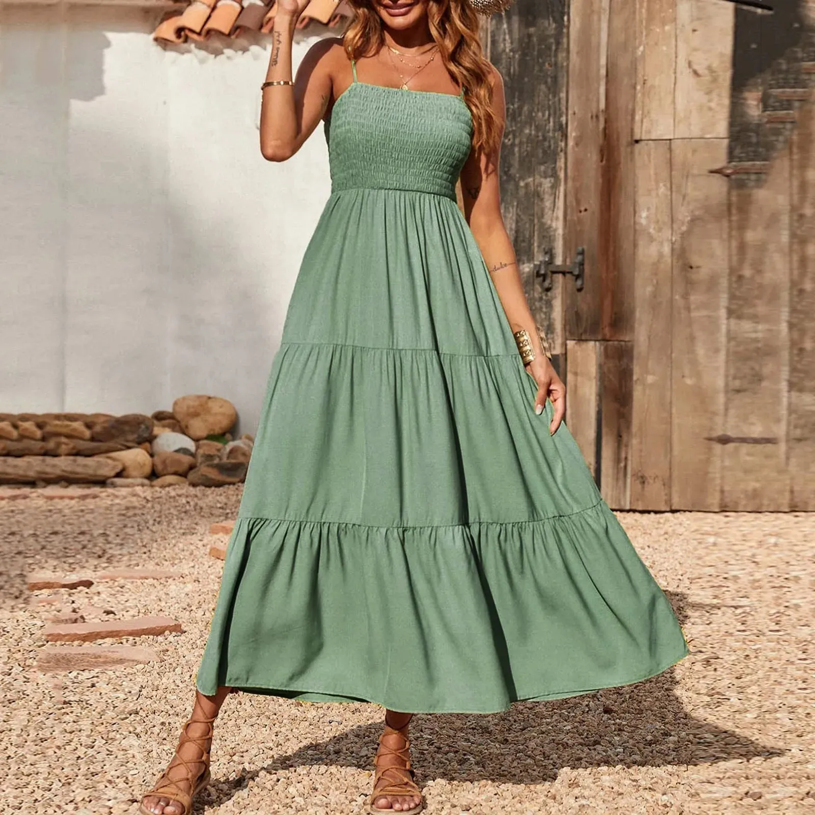 Black Spaghetti Long Boho Ruched High Waist Tiered 2024 Elegant Midi Summer Dress