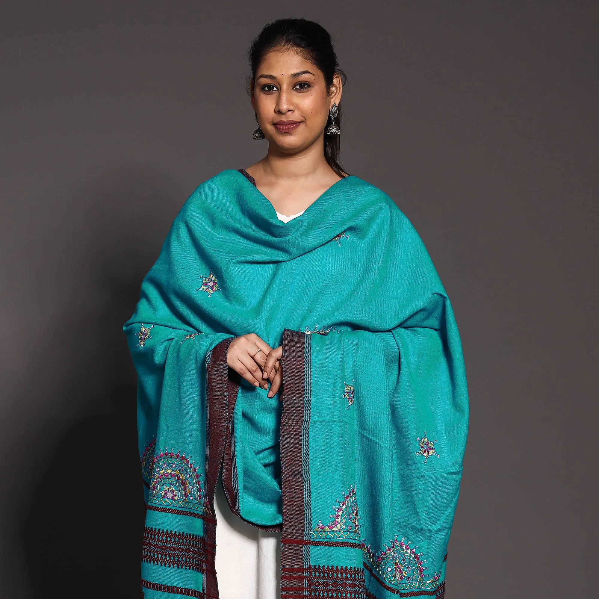 Blue - Kutch Boota Mirror Hand Embroidery Woolen Shawl