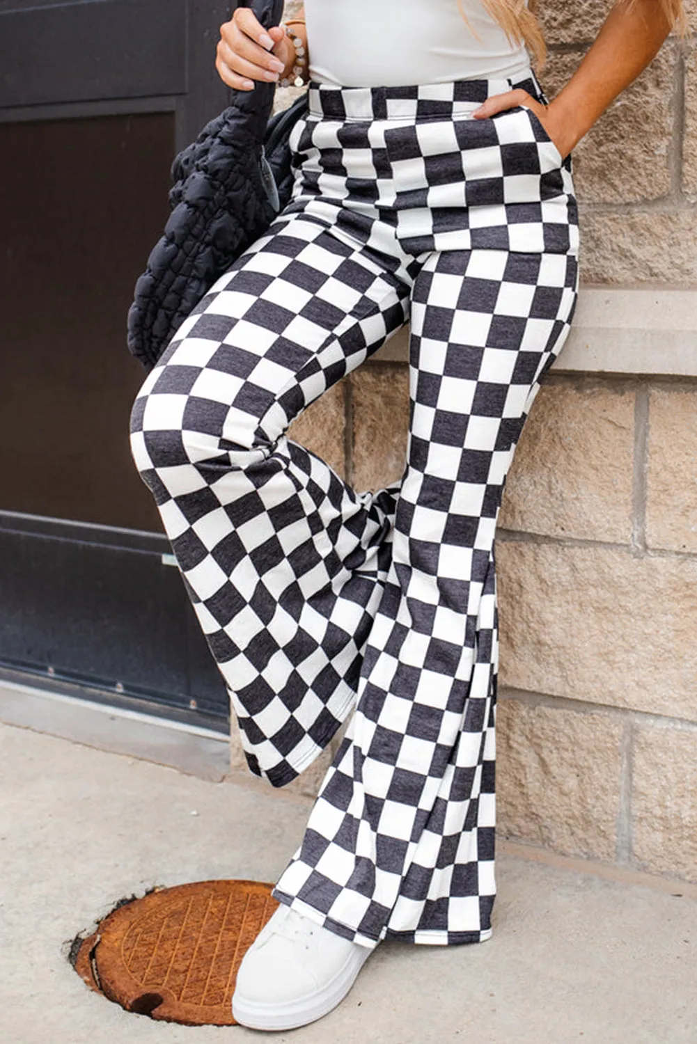 Blue Zone Planet |  Black Checkerboard High Rise Casual Flared Pants