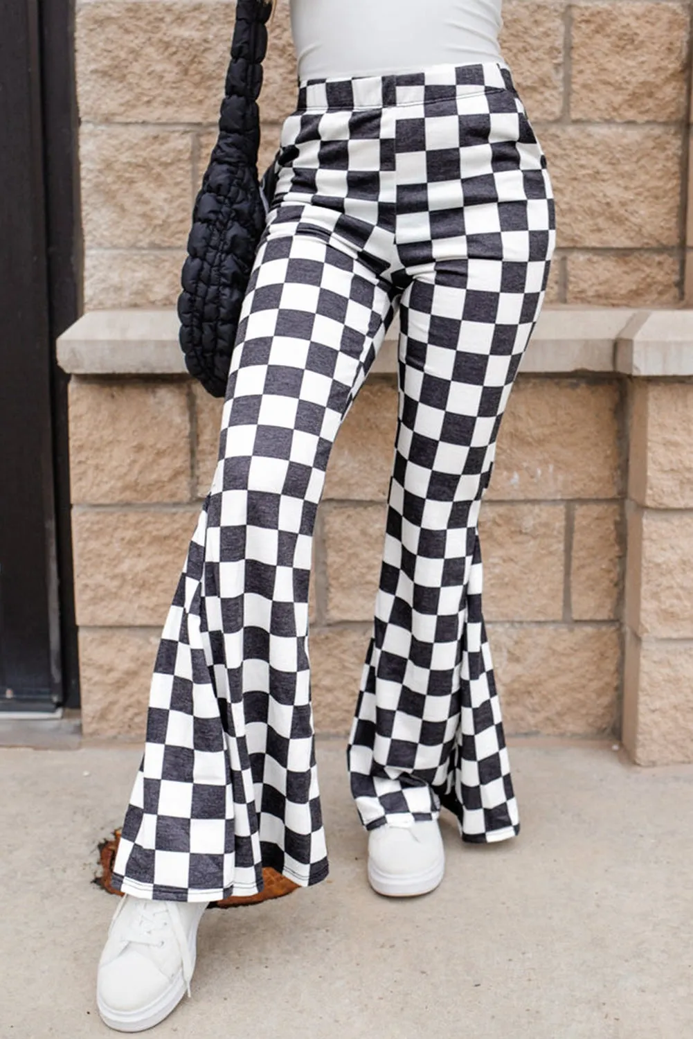 Blue Zone Planet |  Black Checkerboard High Rise Casual Flared Pants