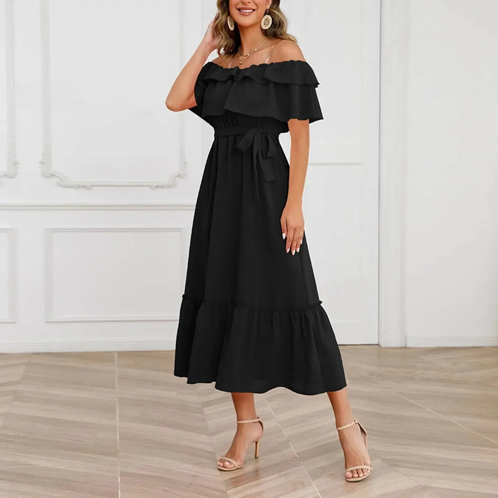 Boho Fashion Elegant Beach Party Casual Slash Neck Office Summer Midi Solid Dress