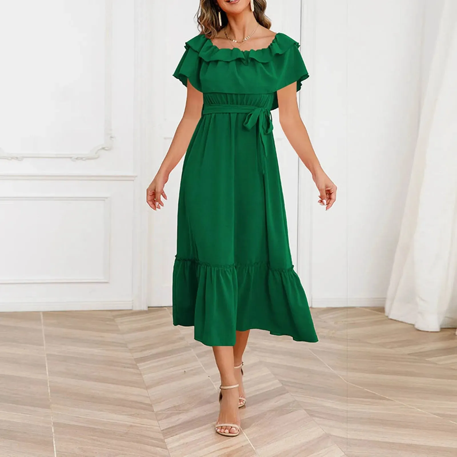 Boho Fashion Elegant Beach Party Casual Slash Neck Office Summer Midi Solid Dress