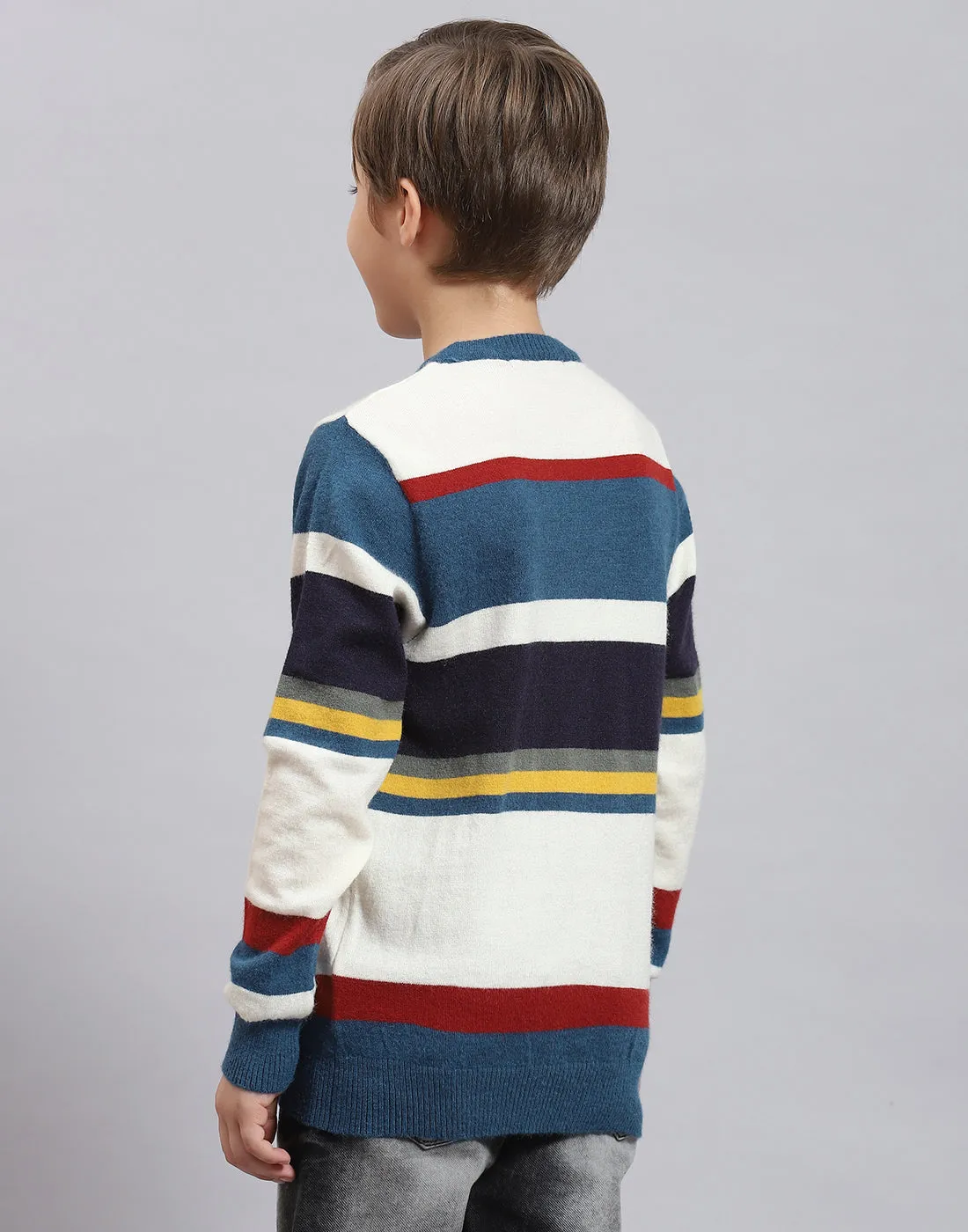 Boys Teal Blue Stripe Round Neck Full Sleeve Sweater