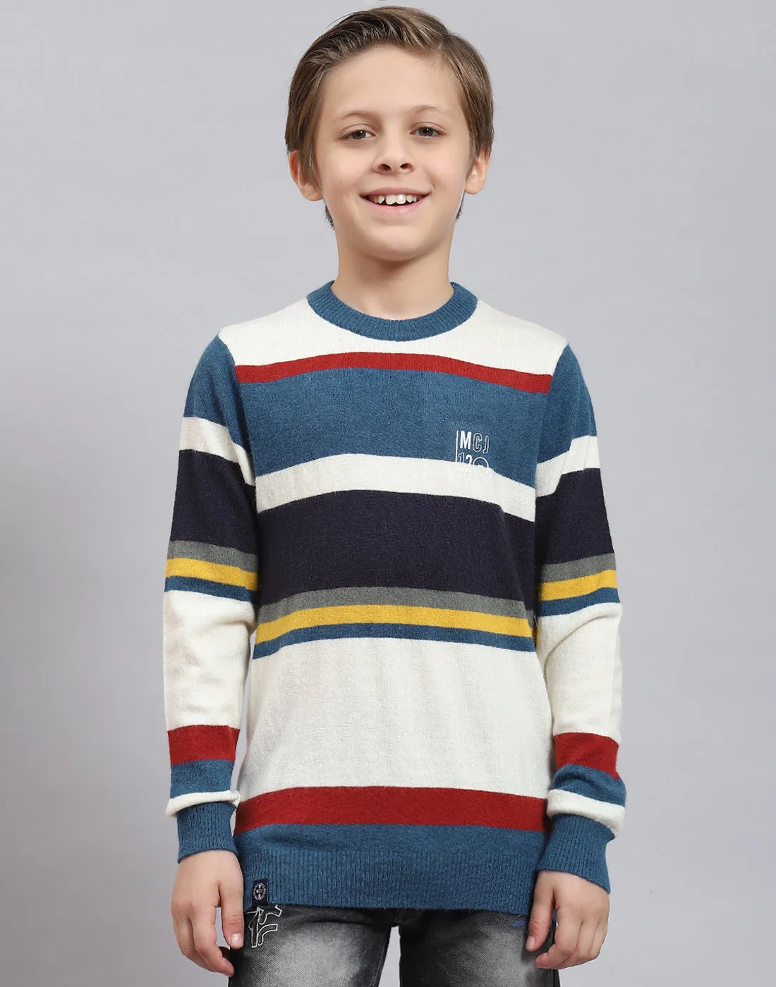 Boys Teal Blue Stripe Round Neck Full Sleeve Sweater