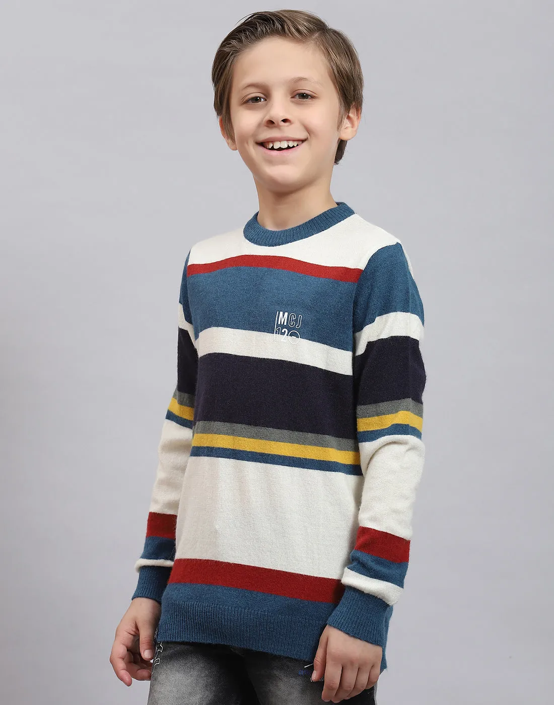 Boys Teal Blue Stripe Round Neck Full Sleeve Sweater