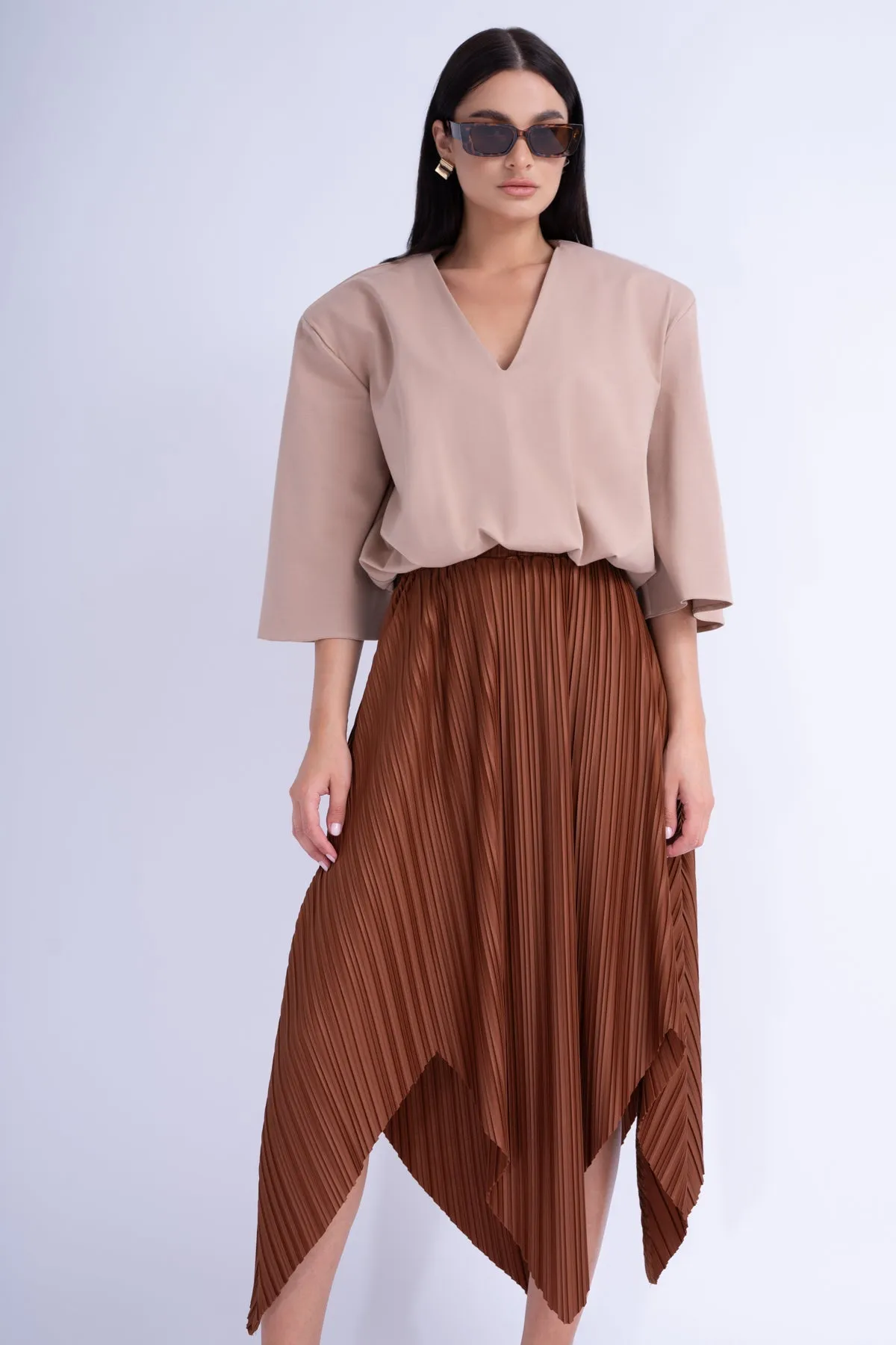 Brown Asymmetrical Pleated Skirt