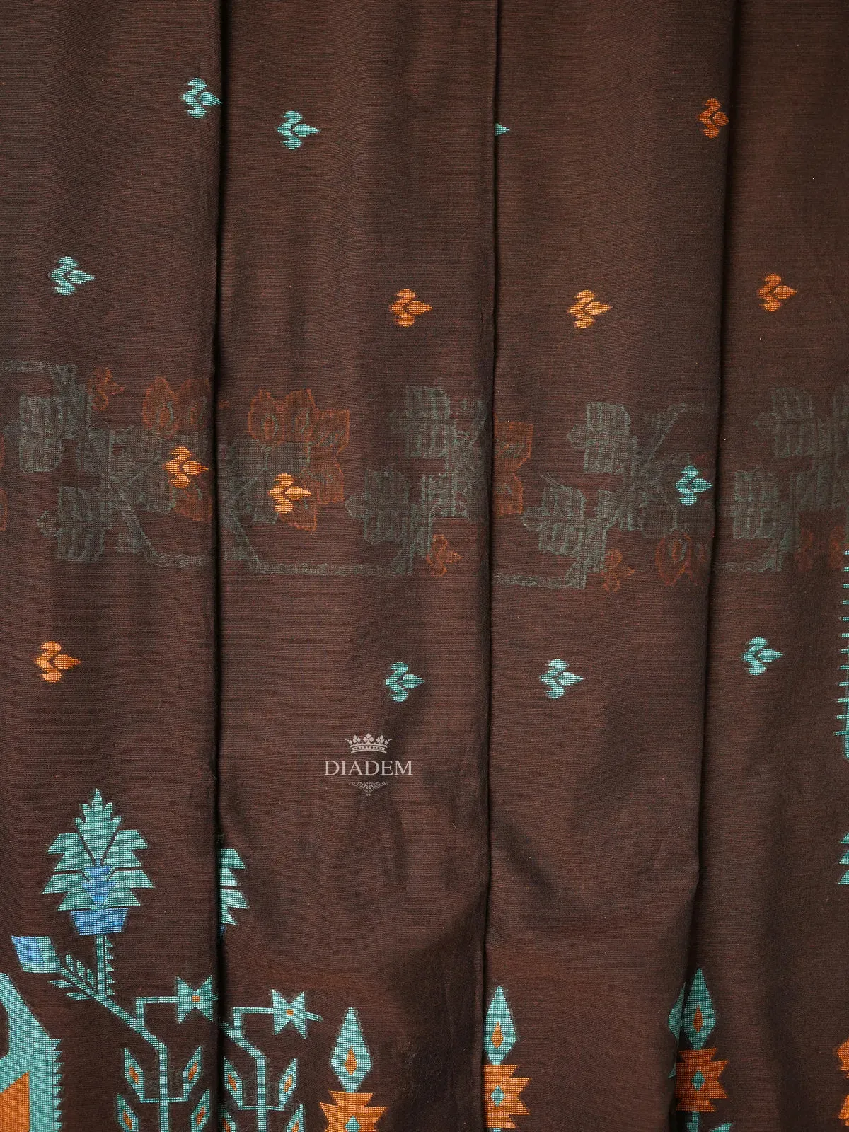 Brown Linen Cotton Saree with Floral and Geometric Designs on the Body with Designed Border