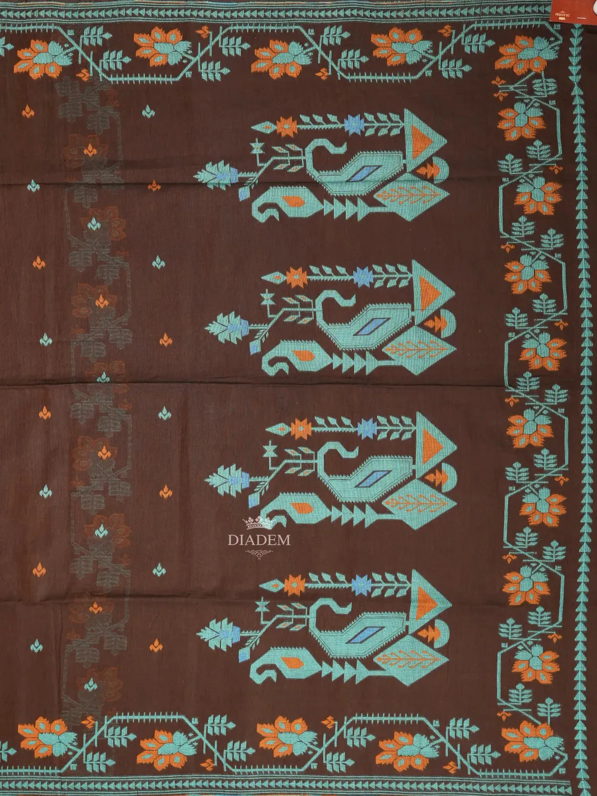 Brown Linen Cotton Saree with Floral and Geometric Designs on the Body with Designed Border